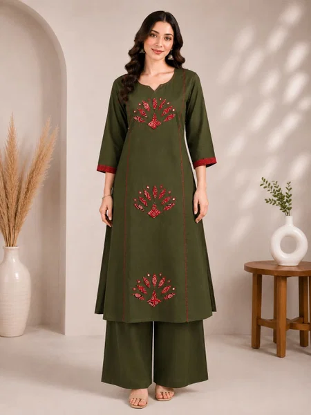 K 1155 By Naisha Dhabu Cotton Hand Manual Work Kurti With Bottom
